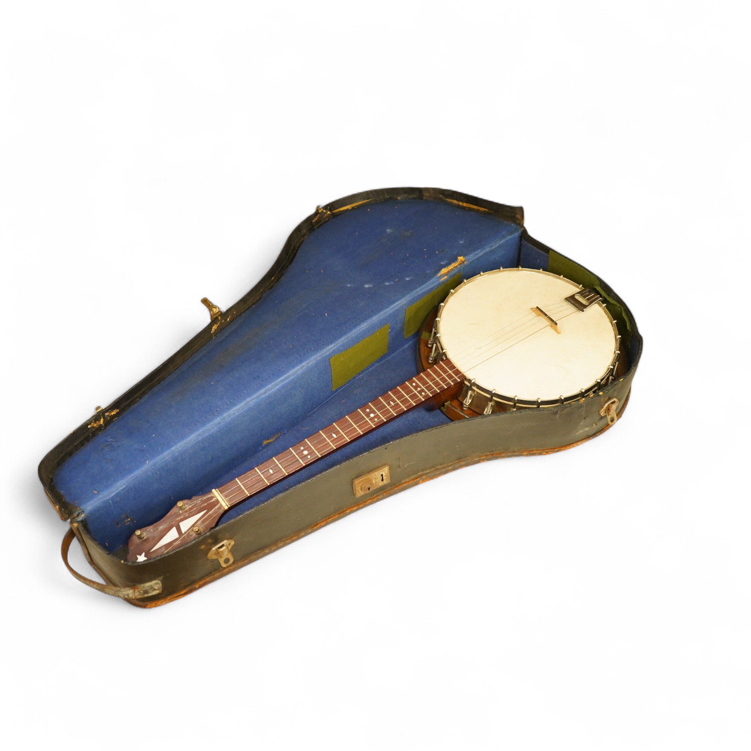 A cased Vega 4-string tenor banjo stamped M. Roccia, steel body with veneered back, the case embossed with; Ronald Quilter, 10, Cadogan Lane, London S.W.1., overall length 82cm